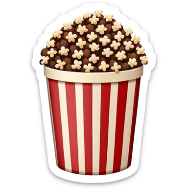 Chocolate brown popcorn in a paper jar with red and white vertical lines sticker