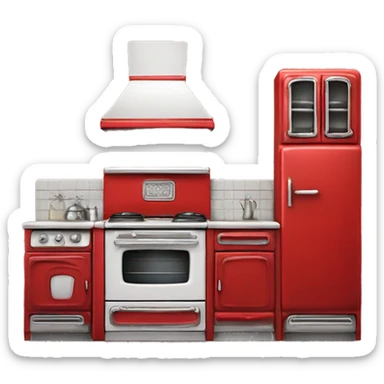 Isolated full length Realistic red vintage retro kitchen range with cabinets and counters sticker