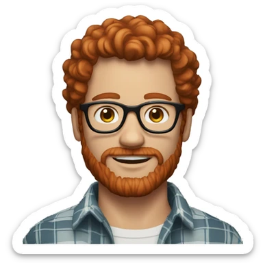 man around 45 with with redhead short mid-curly hair. with beard and glasses and freckles. scarlet checked shirt sticker