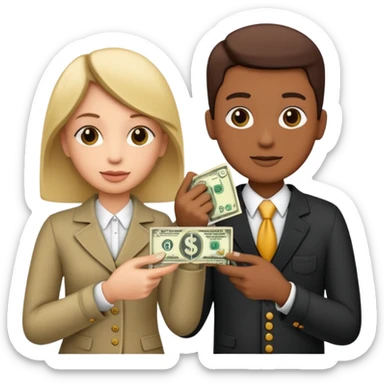 Two people exchanging money, with a dollar sign between them, symbolizing billing and financial transactions. sticker
