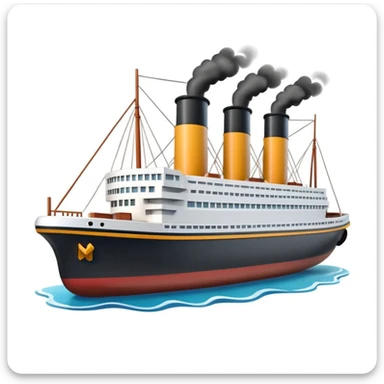 miniature 3D Titanic ship emoji in Apple style, small and compact with smooth glossy surface, bright clean colors, simplified but recognizable details like smokestacks and windows, no facial features, floating on calm ocean, soft shadows, high-quality render, isolated on white background sticker