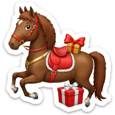 a New Year's horse with a red saddle, which has a red gift box with a white bow on the saddle sticker