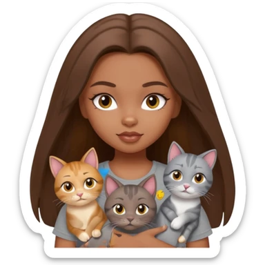 a pretty bratz dusky girl with long brown hair with four cats nd wearing a grey tshirt sticker