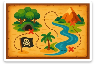 A fantasy treasure island map in Disney style, with a soft pirate theme, not scary, colorful and warm. The map shows 4 locations: a forest with trees, a dark cave, a tall mountain, and a river. Each location has an "X" mark. There are dotted paths leading to each "X". The map has an old parchment texture. No text labels, only clear visual icons. Beautiful detailed illustration, high quality, vibrant toon style. sticker