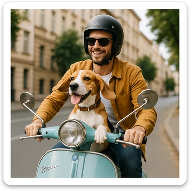 man and his pet dog riding a vespa sticker