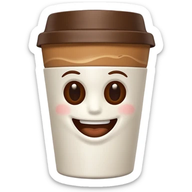one all white coffee take away cup with coffee, no lid,  and a small brown smiling mouth in the middle front. No eyes, no cheeks, no nose, only a small smiling mouth sticker