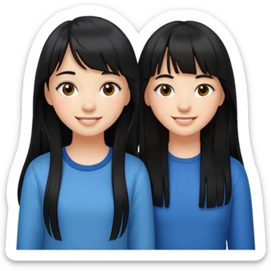 two teenage girls with long black hair, one with bangs, one with prominent lashes, smiling sticker