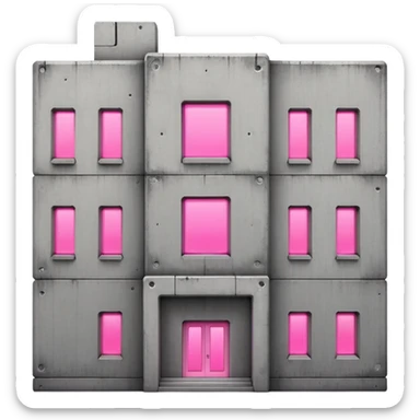 Russian panel building with bare concrete exterior, one pink glowing window, simple block shape with utilitarian design and slight ghetto feel sticker