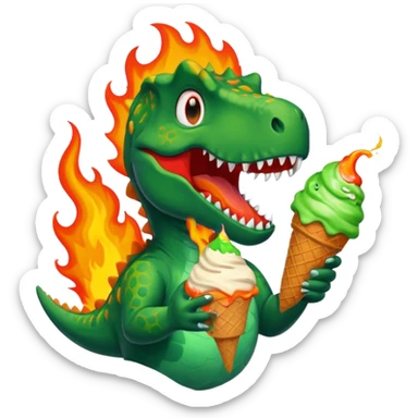 Dinosaur with ice cream and fire behind it sticker