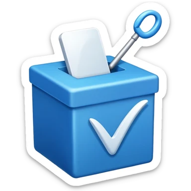 A blue box  and a white tick 1d sticker