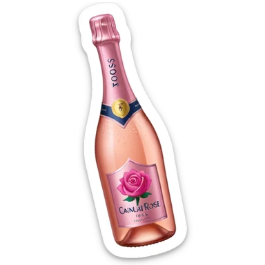 bottle of sparkling rosé with a rose logo on the label, angled to the left, no glass sticker