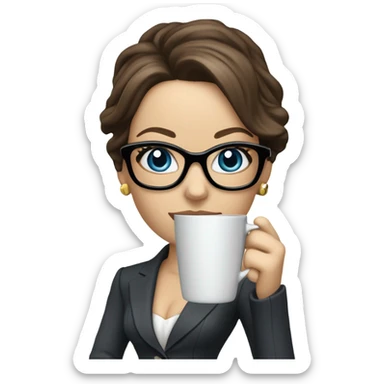 Lifelike model Kate Beckinsale blue eyes wearing glasses in a business dress drinking a cup of tea  sticker