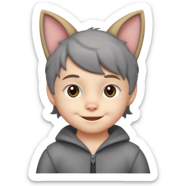 little kid Boy in gray cat suit with tail and ears sticker