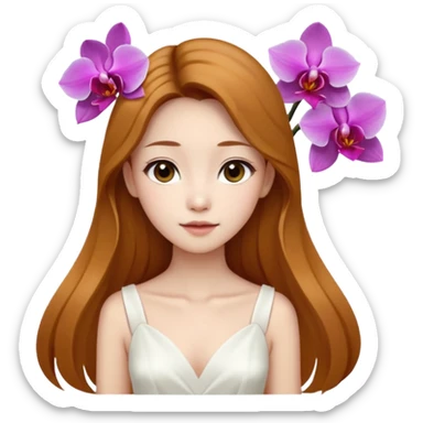 Asian girl with long golden brown hair white skin makeup natural with orchid in her left ear, her dress is white   sticker
