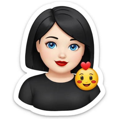 plus size teenage girl with a black bob haircut, side parted, blue eyes, black eyeshadow, red lipstick, wearing a black shirt, emoji style, smiling sticker