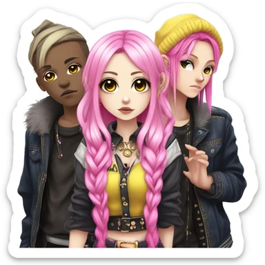 Blue eyed long eye lashes pout blonde and pink hair pale hime gyaru girl, hot pink and yellow split-dyed hair, nose ring, elf ears, dark makeup, punk clothes standing next to three diffrent men praying on their knees sticker