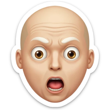 portrait of a bald man with a bleached face and heavily made-up eyes and mouth, a huge, wide-open mouth and a shocked look sticker