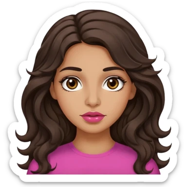 Meduim tone olive skin, brown wide eyes, thick dark brown hair long wavy, greek nose, pink full lips sticker