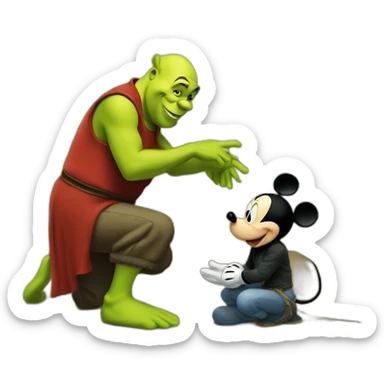 Mickey Mouse kneeling in front of Shrek sticker