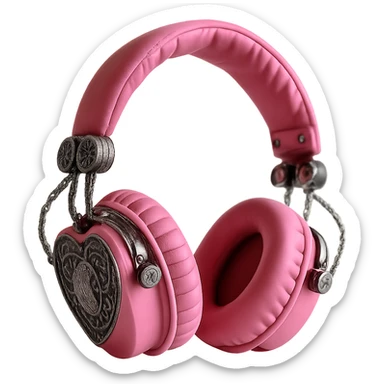 Isolate and keep only the realistic pink gothic headphones with heart-shaped ear cups, metallic chains, and gothic engravings in a photorealistic style with no background. sticker