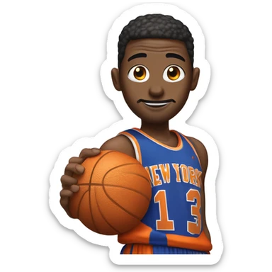Person playing basketball in New York Knicks coloured clothes (white blue orange) but the basketball is a burger sticker