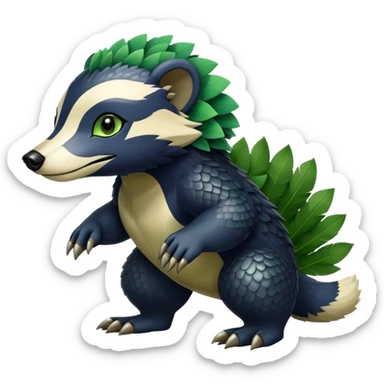 Cute cool fantasy animal hybrid Honey-Badger-Digimon-Fakemon full body, green scales, green leaves, brown eyes, blue feathers sticker