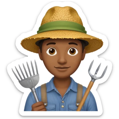 black gardener holding gardening tools, with hat sticker