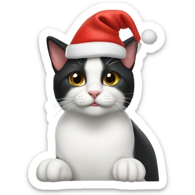 Tuxedo cat wearing a Christmas hat sticker