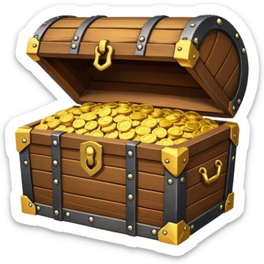 treasure chest with iron fittings and cold corners open and stacked full of a mix of gold coins a shiny gems sticker