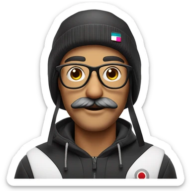 Petit emoji Instagram homme blanc sans cheveux avec un bonnet de ski de couleur noir des lunettes et une moustache  sticker