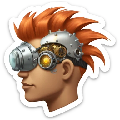 Light red Mohawk hair male cyborg head with white steampunk goggles and circuits sticker