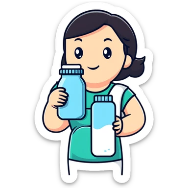 Mom holding milk bottle and vaccine syringe sticker