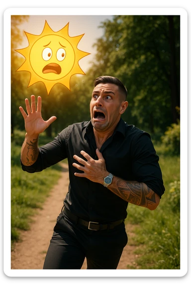 Uomo che corre via dal sole spaventato perchè pensa sia nocivo realistica sticker