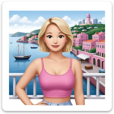 jennifer lawrence, pink crop top leaning on a balcony with a harbor and cityscape in the background, smiling sticker