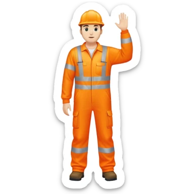 man standing facing backwards wearing orange hi visibility overalls  with one arm raised sticker
