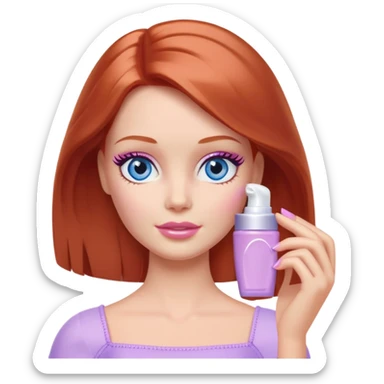 Barbie girl Chestnut-red Shoulder-length hair and blue eyes is In pale purple applying cream on face sticker