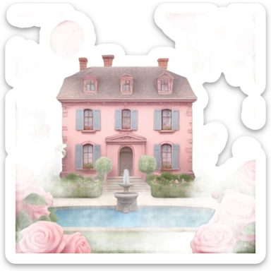 pastel pink 19th century house surrounded by amazing french style garden with rose bushes and apple tree orchards and water fountains sticker