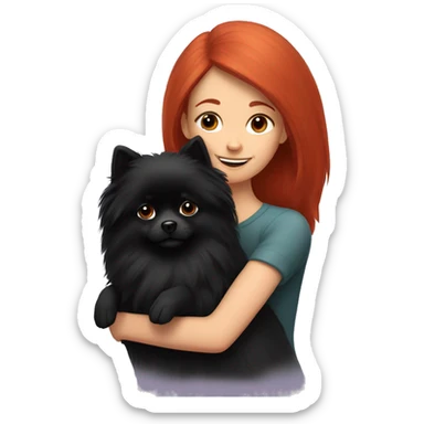 red-haired girl hugs a black pomeranian dog sticker
