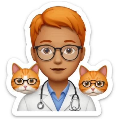 Veterinario trigueño con lentes y  un gato naranja sticker