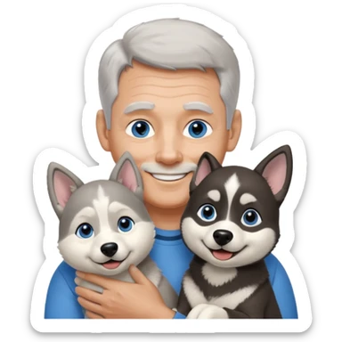 A 60 year old man with blue eyes and short light gray hair and no mustache and slightly big ears, holding a single black and white husky dog with floppy ears and white tuft eyebrows, both smiling sticker