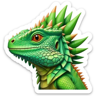 Cinematic Noble Iguana Portrait Emoji, Poised and majestic, with a robust, muscular build and a vibrant, scaly body accented by a prominent spiky crest and keen, observant eyes, Simplified yet sharp and sophisticated features, highly detailed, glowing with a soft, jungle radiance, high shine, intelligent and formidable, stylized with an air of ancient reptilian authority, focused and commanding, soft glowing outline, capturing the essence of a watchful guardian that appears ready to stride out of the screen with effortless might! sticker
