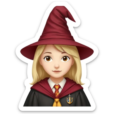 A young woman wearing a classic witch’s hat, red tie, and wizarding robes. This outfit suggests she's a student from Gryffindor House (from the Harry Potter universe), as the red tie is a signature detail of that house's uniform. sticker