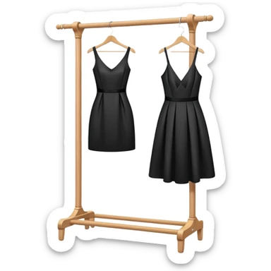 wooden clothes rack with a sleek black cocktail dress sticker