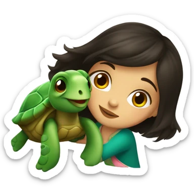 European girl with dark hair kiss little turtle sticker
