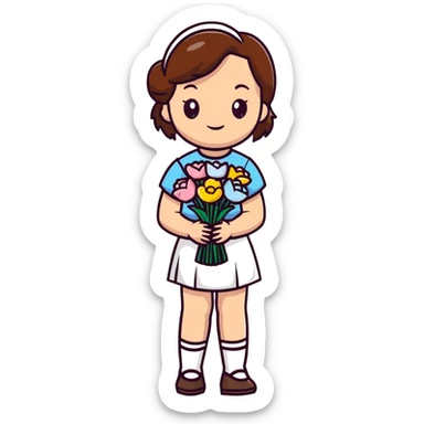 girl with brown hair wearing a white skirt holding a bouquet of flowers sticker