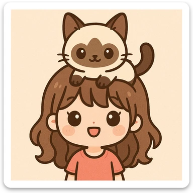 a cute girl with a siamese cat sitting on her head, kawaii style, cute and charming sticker