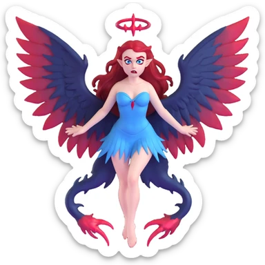 extremely diabolical demon girl with enormous high reaching wings, blood red hair, sinister glowing blue eyes, dark hellish aura, no horns, fangs sticker