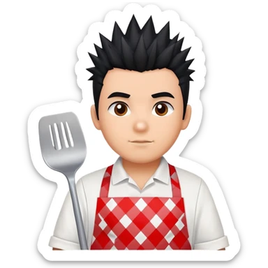 big boy with black spiky hair styled upward, wearing a white apron with red squares pattern sticker