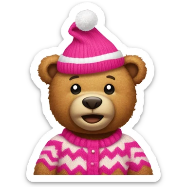 Teddy bear with a pink and white knitted zig zag sweater and a pink santa hat sticker
