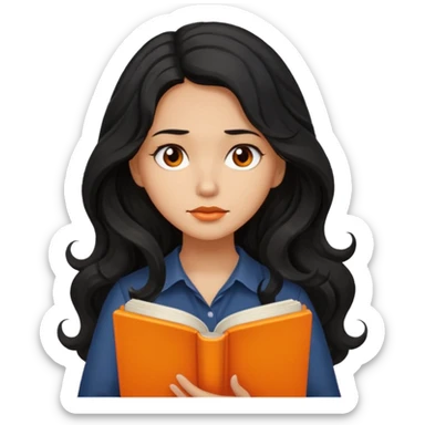 Long Hair Women with orrange Book, Black wavy hair, sad

 sticker